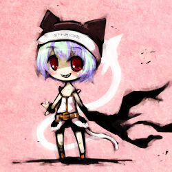 1girl aimee_petrescu animal_hat aqua_hair bike_shorts cat_hat chibi fatalizer_(manga) flat_chest hat mot_(anticycle) red_eyes sharp_teeth short_hair smile solo strap_slip teeth
