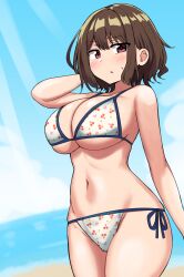 1girl beach bikini blue_sky blush breasts brown_hair cleavage cowboy_shot hand_in_own_hair highres large_breasts looking_at_viewer navel ocean original parted_lips red_eyes senshiya short_hair side-tie_bikini_bottom sky solo spoken_blush standing stomach sweat swimsuit white_bikini