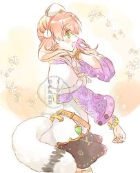 Rule 34 | 1girl, atelier (series), atelier escha &amp; logy, bracelet, commentary request, escha malier, fake tail, from side, green eyes, hand on own chin, jewelry, multiple bracelets, pink hair, satsu, solo, standing, tail, twintails, white background