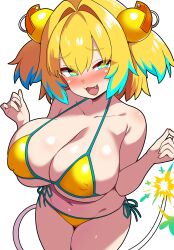 1girl absurdres bikini blonde_hair blush bombergirl breasts cleavage collarbone commentary_request covered_erect_nipples cowboy_shot curvy fang from_above fuse grenade_hair_ornament highres huge_breasts igarashi_gozo looking_at_viewer navel pine_(bombergirl) seductive_smile short_hair side-tie_bikini_bottom simple_background skindentation smile solo swimsuit symbol-shaped_pupils two_side_up yellow_bikini