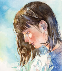 1girl artist_name blue_background blue_sweater blunt_bangs brown_eyes brown_hair commentary_request dated flower from_side lips looking_down medium_hair original painting_(medium) profile realistic silent_letter solo sweater traditional_media turtleneck turtleneck_sweater watercolor_(medium) watermark white_flower
