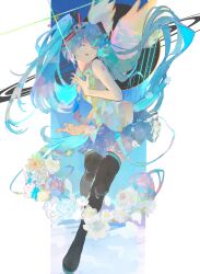1girl absurdres aqua_nails black_boots blue_hair boots closed_eyes collared_shirt colored_eyelashes commentary double_dougnuts flower full_body grey_skirt hair_ornament hand_up hatsune_miku highres long_hair miku_day multicolored_shirt necktie parted_bangs parted_lips pillarboxed planet planetary_ring shirt shoulder_tattoo skirt sleeveless sleeveless_shirt solo tattoo tell_your_world_(vocaloid) thigh_boots twintails very_long_hair vocaloid wings