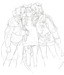 3girls elira_pendora closed_eyes highres kiss leash mockingbird0009 multiple_girls nijisanji nijisanji_en pomu_rainpuff selen_tatsuki sketch virtual_youtuber yuri
