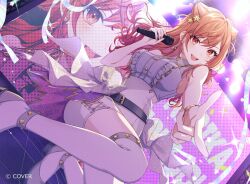 Rule 34 | 1girl, ahoge, alternate costume, belt, black belt, boots, bracelet, center frills, collared shirt, commentary request, concert, confetti, copyright notice, cross-laced slit, dutch angle, earrings, finger gun, frills, gold trim, gradient hair, hair ornament, hairclip, high-waist shorts, holding, holding microphone, hololive, hololive dev is, ichijou ririka, jewelry, long hair, looking at viewer, microphone, multicolored hair, official art, open mouth, orange eyes, orange hair, pink hair, pointing, pointing at viewer, screen zoom, shirt, short shorts, shorts, side slit, side slit shorts, sleeveless, sleeveless shirt, solo, squatting, swept bangs, thigh boots, tomari (veryberry00), virtual youtuber, white boots, white shirt, white shorts