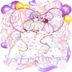 1girl alternate_costume blush choker closed_mouth collarbone dress eyeball flower footwear_flower frilled_choker frilled_hairband frills full_body game_cg gloves hair_ornament hairband heart heart_hair_ornament highres komeiji_satori komeiji_satori_(blank_white_map_of_the_underworld) looking_at_viewer off_shoulder official_art oversized_flower pink_eyes pink_flower pink_hair pink_rose rose rotte_(1109) see-through_clothes see-through_gloves shoes short_hair smile solo third-party_source third_eye touhou touhou_lostword transparent_background wedding_dress white_choker white_dress white_flower white_gloves white_hairband white_rose white_shoes yellow_flower