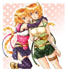 2girls animal_ears belt blue_eyes braid breasts cat_ears cat_tail choker elbow_gloves fang fingerless_gloves fire_emblem fire_emblem:_radiant_dawn gloves hand_on_shoulder happy hug laguz_(race) lethe_(fire_emblem) lips lyre_(fire_emblem) multiple_girls nintendo one_eye_closed open_mouth orange_hair purple_eyes see-through_clothes shoes short_hair siblings side_slit sisters slit_pupils smile tail thighhighs twins wink