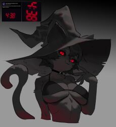 1girl absurdres bikini black_bikini black_choker black_hair breasts cat_girl cat_tail choker cleavage closed_mouth fang furry furry_female hat highres large_breasts looking_at_viewer original red_eyes reference_inset short_hair simple_background solo swimsuit tail upper_body witch_hat wonbin_lee