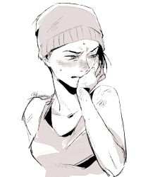 1girl asymmetrical_hair averting_eyes beanie blush breasts collarbone commentary cropped_torso dead_by_daylight dirty dirty_face dirty_hands ear_blush english_commentary facing_to_the_side furrowed_brow greyscale hand_on_own_face hat highres kawarayane medium_breasts monochrome nea_karlsson nose_blush parted_lips portrait short_hair shy simple_background solo sweat tank_top tumblr_username white_background
