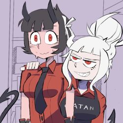 Rule 34 | 2girls, apron, azazel (helltaker), black apron, black gloves, black necktie, blunt bangs, blush, breasts, closed mouth, commentary, demon girl, demon horns, demon tail, dress shirt, english commentary, english text, artistic error, eyelashes, fallen angel, gloves, grin, hair up, hand on another&#039;s shoulder, helltaker, horns, hugeglovesp, light smile, looking afar, looking ahead, looking at another, lucifer (helltaker), medium breasts, mole, mole under eye, multiple girls, necktie, nervous, nervous smile, no halo, partially colored, purple background, red eyes, red shirt, shelf, shirt, short hair, smile, smug, sweat, sweatdrop, tail, teeth, thick eyebrows, upturned eyes, v-shaped eyebrows, wavy mouth, wide-eyed, worried, wrong hand