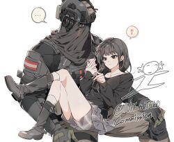 ... 1boy 1girl black_eyes black_hair black_shirt black_sweater boots brown_pants bulletproof_vest call_of_duty call_of_duty:_modern_warfare_2 cellphone closed_mouth combat_helmet commission covered_face culottes gloves grey_helmet grey_shoes grey_skirt hair_ornament hairclip helmet highres holding holding_phone konig_(call_of_duty) korean_commentary long_hair long_sleeves looking_at_another lying_on_lap medium_hair musical_note niktatek0 original pants phone shirt shoes simple_background skirt smartphone smile socks spoken_ellipsis spoken_musical_note sweater white_background white_socks