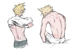 1boy arms_up back bite_mark bite_mark_on_back black_pants blonde_hair bruise bruise_on_back cheli617 cloud_strife commentary_request cropped_legs dressing final_fantasy final_fantasy_vii from_behind highres injury male_focus male_underwear multiple_views pants shirt topless_male underwear white_background white_male_underwear white_shirt