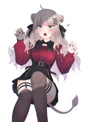 1girl absurdres ahoge animal_ear_piercing animal_ears atpoppet belt black_belt black_bow black_bowtie black_nails black_ribbon black_skirt black_thighhighs blush bow bowtie center_frills claw_pose clothing_cutout cross-laced_clothes cross-laced_sleeves detached_collar fangs feet_out_of_frame fingernails frills grey_eyes grey_hair hair_ornament hair_ribbon hashtag-only_commentary high-waist_skirt highres hololive jirai_kei legwear_garter lion_ears lion_girl lion_tail long_hair long_sleeves looking_at_viewer messy_hair miniskirt nail_polish official_alternate_costume official_alternate_hairstyle open_mouth puritan_collar red_shirt ribbon sharp_fingernails shirt shishiro_botan shishiro_botan_(jirai_kei) shoulder_cutout simple_background skirt solo suspender_skirt suspenders tail thigh_strap thighhighs virtual_youtuber wavy_hair white_background x_hair_ornament