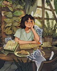 1girl arm_rest black_hair blue_flower blush book book_stack brick_wall cat chair closed_mouth croissant cup facing_viewer flower food ghost green_shirt grey_pants hand_on_book hand_on_own_cheek hand_on_own_face hanging_plant highres indoors jar looking_to_the_side medium_hair open_book original pants plant plate potted_plant purple_flower runes saucer shirt simz solo t-shirt table teabag teacup window wooden_table