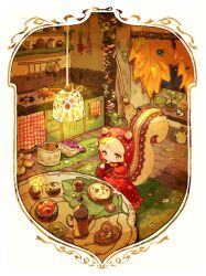 1girl acorn animal_ears ao_o81 basket blonde_hair bread broom candle capelet commentary_request counter cup dress eating flower food fruit hanging_light highres holding holding_spoon indoors jar kitchen leaf little_red_riding_hood_(fairy_tale) little_red_riding_hood_(fairy_tale_character) mushroom nut_(food) original pastry plant polka_dot polka_dot_dress pomegranate red_dress red_headwear sack shadow sitting solo spice_rack spoon squirrel_ears squirrel_girl squirrel_tail stove sweet_potato tail teacup teapot utensil_rack watering_can window wooden_floor yellow_eyes