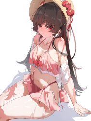 1girl absurdres azur_lane bare_shoulders bikini bikini_skirt black_hair blush breasts cleavage closed_mouth ct.ender flower hair_between_eyes hat hat_flower highleg highleg_bikini highres long_hair looking_at_viewer medium_breasts navel off-shoulder_shirt off_shoulder official_alternate_costume open_clothes open_skirt pink_bikini red_eyes red_flower sakawa_(azur_lane) sakawa_(icy_indulgence)_(azur_lane) shirt sidelocks skirt solo stomach swimsuit wet wet_clothes wet_shirt white_shirt yellow_hat