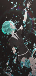 1girl absurdres arm_up black_necktie black_shorts black_sweater blue_eyes blue_hair crumbling crystal_shards dated forehead gem_uniform_(houseki_no_kuni) highres houseki_no_kuni kieed necktie parted_bangs parted_lips phosphophyllite reaching shirt short_hair short_shorts short_sleeves shorts solo sweater turtleneck turtleneck_shirt white_shirt