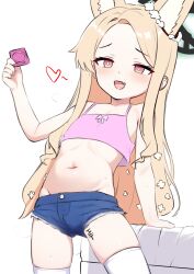 1girl absurdres animal_ear_fluff animal_ears bare_shoulders blonde_hair blue_archive blue_shorts blush body_writing commentary condom denim denim_shorts fang flat_chest forehead fox_ears highres loli long_hair looking_at_viewer mafunyo mesugaki micro_shorts navel open_mouth parted_bangs red_eyes seia_(blue_archive) short_shorts shorts simple_background smile solo symbol-only_commentary thighhighs white_background