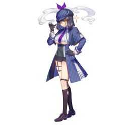 1girl artist_request asymmetrical_gloves black_garter_straps black_gloves black_shorts black_socks black_straps blue_capelet blue_coat blue_collar blue_hat blue_pouch blue_sleeves bob_cut breasts newsboy_cap capelet closed_mouth coat coat_pouch collar collared_capelet collared_shirt detective final_gear footwear_request full_body garter_straps gloves hair_between_eyes hat hat_ribbon highres holding holding_smoking_pipe kneehighs kristina_(final_gear) looking_at_viewer medium_breasts mismatched_gloves monocle necktie official_art plaid_capelet plaid_clothes plaid_coat plaid_collar plaid_headwear purple_necktie purple_ribbon ribbon shirt short_shorts shorts simple_background smile smoke smoking_pipe socks solo sparkle straight_hair striped_clothes striped_socks tachi-e third-party_source tie_clip transparent_background underboob vertical-striped_clothes vertical-striped_socks white_collar white_shirt white_sleeve_cuffs yellow_eyes