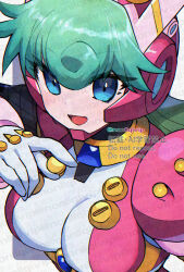 1girl blue_eyes breasts green_hair helmet highres large_breasts leotard long_hair marino_(mega_man) mega_man_(series) mega_man_x:_command_mission mega_man_x_(series) pink_helmet pink_leotard shoulder_pads solo upper_body watermark yamanashi_taiki