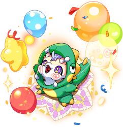1other balloon confetti dinosaur_costume dragon dragon_village_(series) dragon_village_collection from_above furry game_cg official_art purple_eyes pusom_(dinosaur_of_dollland)_(dragon_village) pusom_(dragon_village) sparkling_eyes standing star_balloon third-party_source transparent_background