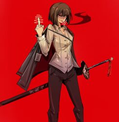 1girl arczaeon black_gloves black_hair bob_cut breasts cigarette collared_shirt commentary english_commentary flat_chest gloves highres holding holding_sheath holding_sword holding_weapon jacket jacket_on_shoulders limbus_company long_sleeves looking_at_viewer mang_(project_moon) middle_finger pants project_moon red_background red_eyes ryoshu_(project_moon) sheath sheathed shirt short_hair simple_background single_glove small_breasts smile smoking solo standing sword translation_request weapon white_shirt