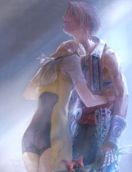 00s 1boy 1girl armor ass blonde_hair bodysuit braid couple final_fantasy final_fantasy_xii gloves guri_otoko head_rest hetero hug jacket leather_armor long_hair penelo romper short_hair twin_braids vaan_(ff12) wet white_hair wrist_cuffs