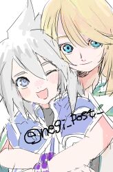 Rule 34 | 2boys, bangle, blonde hair, blue eyes, blush, bracelet, genius sage, grey hair, hug, hug from behind, jewelry, male focus, medium hair, mithos yggdrasill, multiple boys, negi post, one eye closed, open mouth, smile, spiked hair, tales of (series), tales of symphonia, twitter username, white background, yaoi