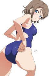 1girl absurdres adjusting_clothes adjusting_swimsuit ass bad_tag bent_over blue_eyes blush breasts brown_hair competition_swimsuit from_behind green_eyes hair_over_shoulder highres looking_at_viewer looking_back love_live! love_live!_sunshine!! nagi_mkrnpn one-piece_swimsuit short_hair simple_background solo swimsuit watanabe_you wavy_hair