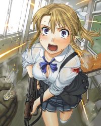 1girl ak-47 akm akms assault_rifle blonde_girl_(itou) blood blue_eyes bow bowtie bra breasts brown_hair cleavage clothes_around_waist desk female_focus foreshortening gun gun_sling hallway highres injury itou_(onsoku_tassha) kalashnikov_rifle large_breasts lingerie miniskirt original pleated_skirt ponytail rifle running sandbag school school_desk school_uniform shirt skirt sleeves_rolled_up solo sweat sweater sweater_around_waist tears torn_clothes torn_sweater underwear weapon white_bra white_shirt