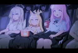 animal_ear_fluff animal_ears arm_rest aroha_j blonde_hair blue_archive blush braid commentary_request crown_braid dark dress drink drinking_straw eating facing_to_the_side food hair_bun halo highres holding holding_drink knees_together_feet_apart leaning_back looking_ahead mashiro_(blue_archive) mika_(blue_archive) movie_theater multiple_girls nagisa_(blue_archive) neck_ribbon off-shoulder_dress off_shoulder out_of_frame pink_eyes pink_hair popcorn ribbon seia_(blue_archive) shirt single_side_bun sitting skirt slouching stairs sweatdrop tea_party_(blue_archive) tsurugi_(blue_archive) white_hair white_shirt wings