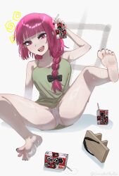 1girl absurdres barefoot blush bocchi_the_rock! feet geta highres hiroi_kikuri long_hair looking_at_viewer open_mouth panties pantyshot red_eyes red_hair sharp_teeth shoes soles someartbyrin sweat teeth toes underwear unworn_shoes
