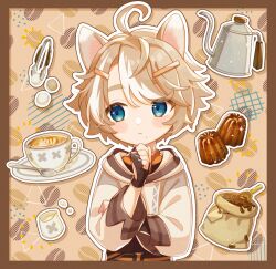 1boy :&lt; ahoge animal_ears black_gloves blonde_hair blue_eyes blush border brown_background brown_border closed_mouth coffee coffee_beans commentary_request commission cup dog_boy dog_ears fingerless_gloves food gloves hair_ornament hairclip indie_virtual_youtuber kettle kono_hinoki long_sleeves looking_to_the_side male_focus mole mole_under_mouth multicolored_hair outline pudding saucer shirt short_hair shuu_(syuuuuuuuuuu) skeb_commission solo spoon streaked_hair upper_body virtual_youtuber white_hair white_outline white_shirt