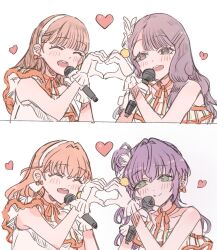 Rule 34 | 4girls, 4th live dream ~bloom the dream believers~, :d, ^ ^, animification, black hair, blunt bangs, blush, bow, bow earrings, brown hair, cerise bouquet, choker, closed eyes, collarbone, commentary request, dress, earrings, frilled gloves, frills, gloves, hair bun, hairband, hanamiya nina, heart, heart hands, heart hands duo, highres, hinoshita kaho, holding, holding microphone, jewelry, junjun (kimi-la), link! like! love live!, long hair, love live!, medium hair, microphone, multiple girls, nirei nozomi, open mouth, orange choker, orange ribbon, otomune kozue, purple hair, real life, ribbon, ribbon choker, side ponytail, sidelocks, single-shoulder dress, single bare shoulder, single side bun, smile, suisai sekai, teeth, upper teeth only, virtual youtuber, voice actor, voice actor connection, white dress, white gloves, white hairband
