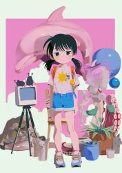 1girl absurdres arms_at_sides backpack bag bare_legs black_hair blue_eyes blue_shoes blue_shorts blush child creature denim denim_shorts device dolphin expressionless full_body green_background highres jitome legs_apart looking_at_viewer low_twintails medium_hair no_pupils no_sclera original pink_background pink_shirt plant potted_plant print_shirt randoseru red_bag rock shirt shoes short_shorts short_sleeves short_twintails shorts solo standing statue straight-on straight_hair t-shirt tentacles twintails yashi-iro