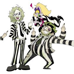 ! ... 3boys absurdres alternate_universe beetlejuice beetlejuice_(character) black_dress black_eyes blonde_hair censored dress extra_arms eye_contact eyeshadow fat fat_man fingerless_gloves floating formal_clothes full_body gloves green_hair grin highres kirukrono long_hair long_sleeves looking_at_another lying makeup medium_hair michael_keaton middle_finger multiple_boys multiple_persona on_stomach open_mouth pale_skin purple_hair red_lips shoes smile spoken_ellipsis standing striped_clothes striped_suit suit surprised sweat the_pose warner_bros white_background