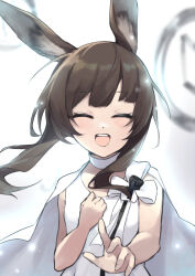 1girl :d ^_^ absurdres aged_down amiya_(arknights) amiya_(young)_(arknights) animal_ears arknights brown_hair cape choker closed_eyes commentary dress facing_viewer fingernails hand_on_own_chest happy highres light_particles medium_hair open_mouth reaching reaching_towards_viewer smile solo upper_body white_background white_cape white_choker white_dress xia_bao_(wulalala)