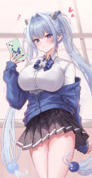 1girl absurdres alternate_costume black_skirt blue_hair blue_sweater breasts cellphone collared_shirt commentary goddess_of_victory:_nikke gretel_(nikke) heart highres holding holding_phone large_breasts long_hair phone pleated_skirt shirt skirt smartphone solo sweater sxrxri_a thighs twintails very_long_hair white_shirt