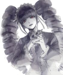 1girl black_hair celestia_ludenberg danganronpa:_trigger_happy_havoc danganronpa_(series) drill_hair earrings frills interlocked_fingers jacket jewelry long_hair long_sleeves mt2_(sub_mmt) red_eyes simple_background solo teeth twin_drills twintails upper_body white_background