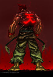 1boy akuma_(street_fighter) aura barefoot beads capcom dark-skinned_male dark_skin dexter_soy dougi from_behind full_body gloves glowing heaven_(character) male_focus muscular prayer_beads red_hair sleeveless solo standing street_fighter topknot