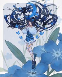 1girl absurdly_long_hair bird black_hair blue_boots blue_butterfly blue_dress blue_flower boots border bug butterfly butterfly_tattoo closed_eyes closed_mouth commentary cracked_skin crescent crow double_bun dress english_commentary floating floating_hair floral_background flower forget-me-not_(flower) frilled_dress frilled_shirt frills full_body grey_background hair_bun hair_floating_upwards hair_flower hair_ornament hands_on_own_chest highres insect leg_tattoo light_blush lipstick long_hair long_sleeves makeup mistravn original outside_border own_hands_together pinafore_dress puffy_long_sleeves puffy_sleeves red_lips shirt short_dress sleeveless sleeveless_dress socks solo tattoo very_long_hair white_border white_shirt white_socks
