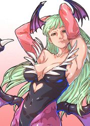 1girl absurdres animal_print arms_behind_head bare_shoulders bat_print bat_wings black_leotard breasts center_opening chuckuddin cleavage closed_mouth clothing_cutout commentary covered_navel darkstalkers demon_girl demon_wings detached_sleeves english_commentary gradient_background green_eyes green_hair head_wings heart_cutout highres leotard long_hair looking_at_viewer low_wings medium_breasts morrigan_aensland pantyhose pink_sleeves purple_pantyhose simple_background smile solo wings
