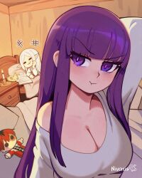 2girls :3 absurdres annoyed bed book breasts character_doll doll elf fern_(sousou_no_frieren) frieren hair_down highres large_breasts multiple_girls open_book pointy_ears pout purple_hair reading sousou_no_frieren stark_(sousou_no_frieren) sunset_nivaris white_hair