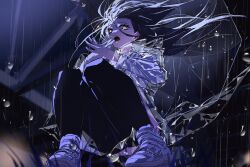 Rule 34 | 1girl, black hair, black pants, blurry, blurry foreground, bridge, from below, highres, kamisaki hikaru, medalist (manga), open mouth, pants, rain, raincoat, scene reference, see-through clothes, see-through raincoat, shdch, solo, squatting, teeth, upper teeth only, white footwear, yellow eyes