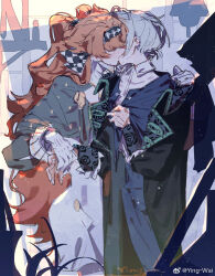 2girls black_coat black_pants black_shirt blush checkered_hairband coat collared_shirt commentary dress gloves grey_dress grey_hair hairband hand_on_another&#039;s_shoulder hashtag-only_commentary holding_hands kiss multiple_girls orange_hair pants reverse:1999 shirt sonetto_(reverse:1999) two_side_up vertin_(reverse:1999) watermark weibo_watermark white_gloves white_shirt ying_(suetmo) yuri