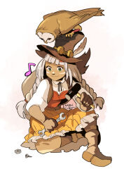 Rule 34 | 1girl, animal, animal on head, belt, bird, bird on head, bolt (hardware), braid, brown hat, closed mouth, commentary request, dark-skinned female, dark skin, full body, green eyes, hat, holding, holding wrench, kachidama, long hair, low-tied long hair, musical note, ochette (octopath traveler), octopath traveler, octopath traveler ii, on head, owl, screw, simple background, sitting, skirt, smile, solo, twin braids, white background, wrench, yellow skirt
