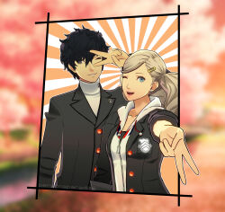 Rule 34 | 1boy, 1girl, absurdres, amamiya ren, black hair, black jacket, blonde hair, hair ornament, hairclip, highres, jacket, one eye closed, persona, persona 5, personaparadise, smile, takamaki anne, twintails, v, v over eye