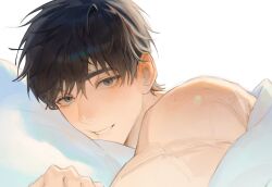 1boy absurdres black_eyes black_hair hair_between_eyes highres kim_dokja light_smile looking_at_viewer lying male_focus monchya_33 nude omniscient_reader&#039;s_viewpoint pillow short_hair simple_background solo teeth upper_body white_background
