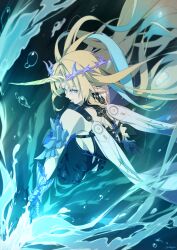 1girl armored_gloves bare_shoulders black_collar black_dress blonde_hair blue_eyes blue_hair breasts closed_mouth collar colored_inner_hair commentary crown_of_thorns dress earrings fleurdelys_(wuthering_waves) floating_earrings highres holding holding_sword holding_weapon horns huge_breasts jewelry long_hair long_horns looking_at_viewer multicolored_hair necklace onshigou pointy_ears sidelocks sideways_glance signature single_horn solo sword tabard weapon white_tabard wuthering_waves yellow_horns