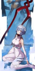 1girl absurdres ayanami_rei bandaged_arm bandages bare_shoulders bident blue_hair bodysuit breasts commentary eva_00 hair_over_one_eye highres kneeling lance_of_longinus_(evangelion) large_breasts looking_at_viewer mecha_pilot_suit neon_genesis_evangelion plugsuit_(evangelion) polearm red_eyes short_hair solo weapon white_bodysuit yoshio_(55level)