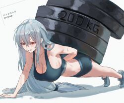 1girl absurdres arknights arm_behind_back arm_support bare_shoulders breasts cleavage clenched_teeth commentary exercising grey_hair hair_between_eyes highres large_breasts long_hair push-ups red_eyes shoes short_shorts shorts skadi_(arknights) sneakers solo sports_bra sweat symbol-only_commentary teeth uof very_long_hair weights workout_clothes